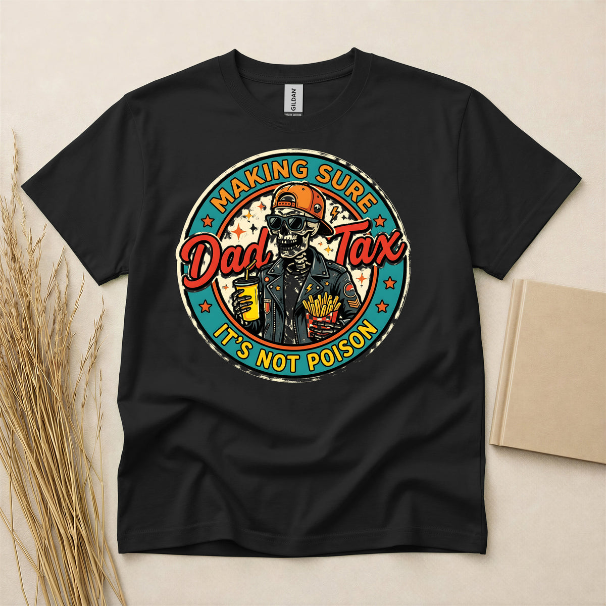 Funny Skeleton Dad Tax Graphic T-Shirt Lightweight Breathable Soft Cotton Blend Black Crew Neck Short Sleeve Tee