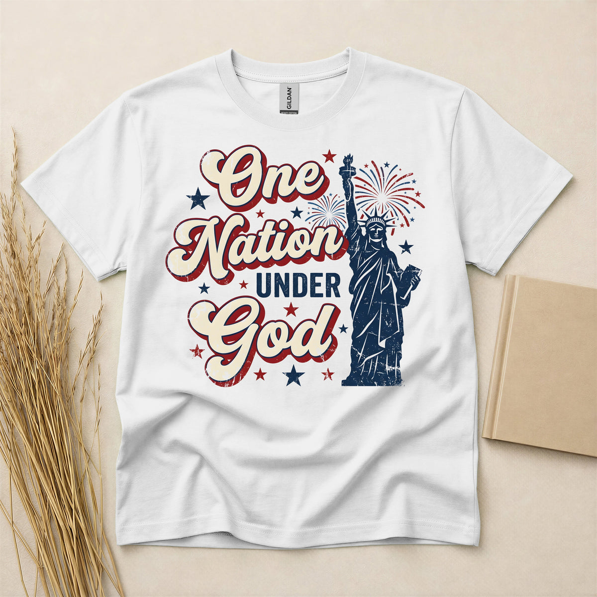 One Nation Under God Patriotic Statue Of Liberty T-Shirt - Comfortable Short Sleeve Cotton Crew Neck Graphic Tee for Men and Women