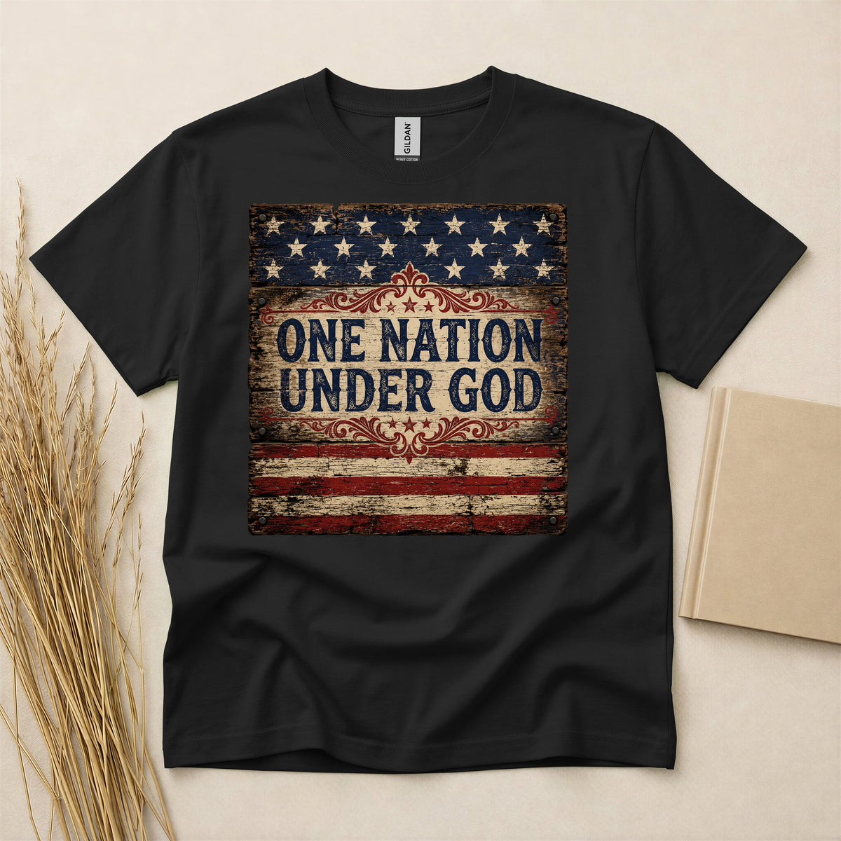One Nation Under God Rustic American Flag Patriotic T-Shirt, Soft Cotton Crewneck Tee, Vintage USA Graphic Apparel, Unisex Casual Fit