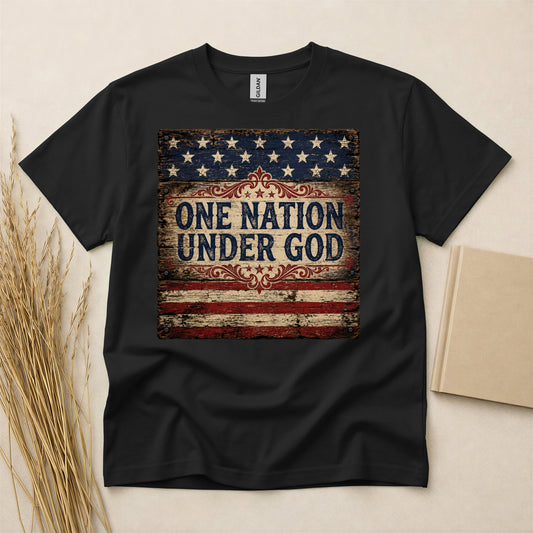 One Nation Under God Rustic American Flag Patriotic T-Shirt, Soft Cotton Crewneck Tee, Vintage USA Graphic Apparel, Unisex Casual Fit