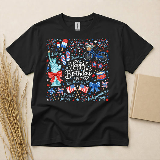 Happy Birthday America Red White Blue Independence Day T-Shirt Patriotic July 4th Graphic Tee Lightweight Breathable Soft Cotton Blend