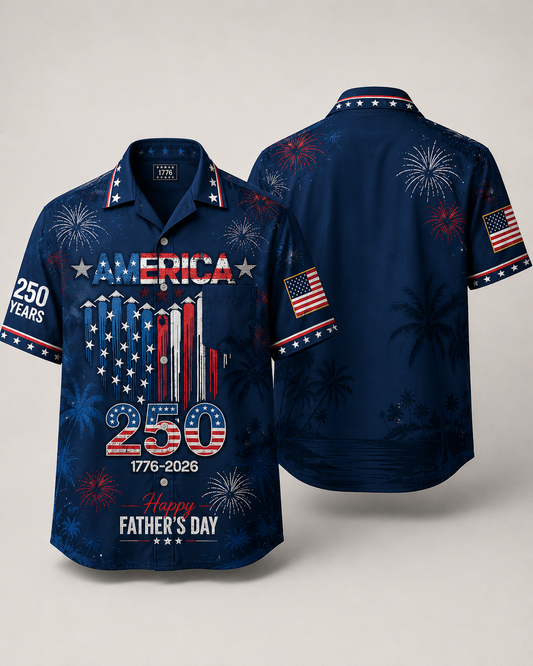 Proud To Celebrate America 250 Years Hawaiian Shirt - Patriotic Red White and Blue Button Down Short Sleeve Tropical Party Wear