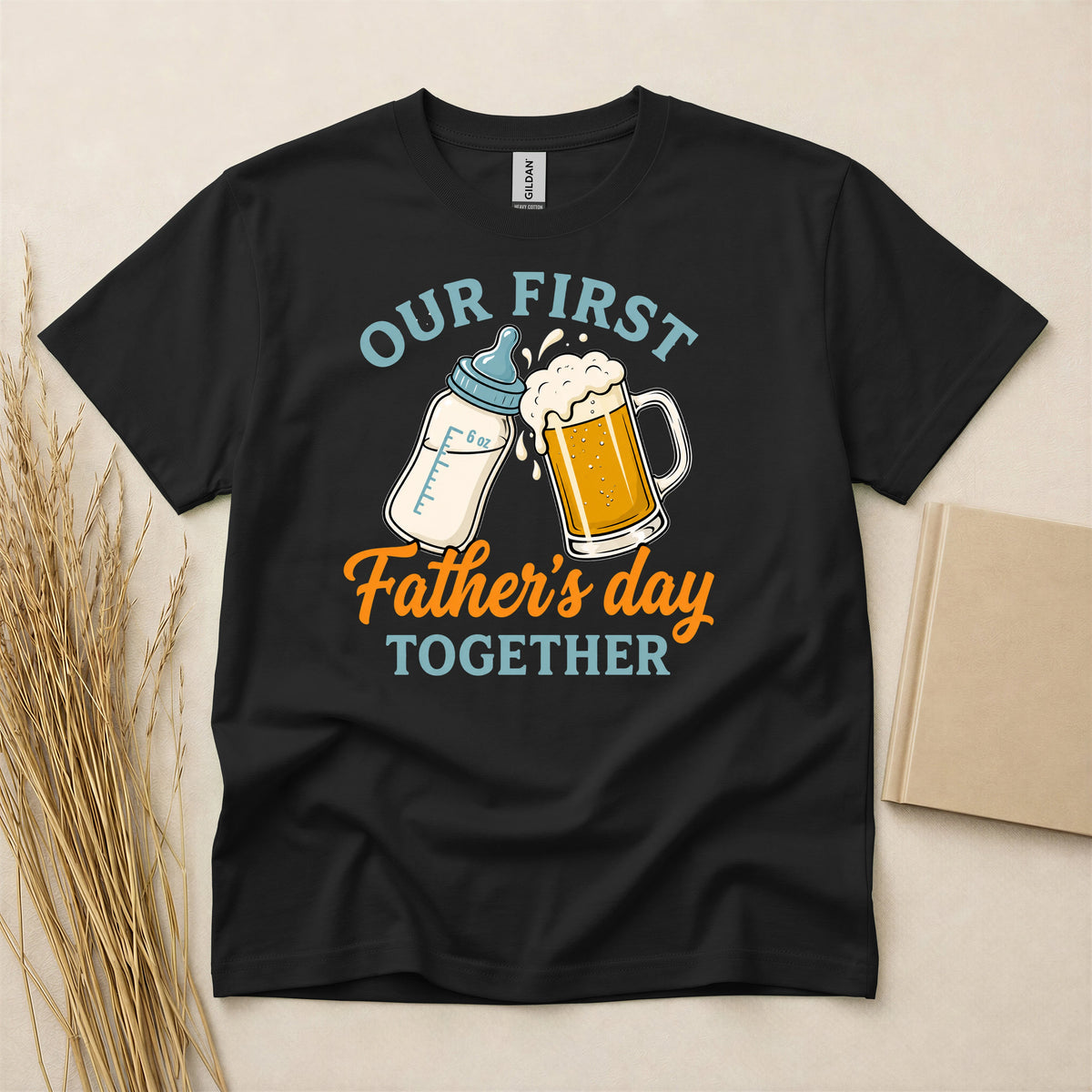Beer And Bottle First Fathers Day T-Shirt Personalized Graphic Short Sleeve Tee for New Dads Celebrate Milestone Anniversary Gifts
