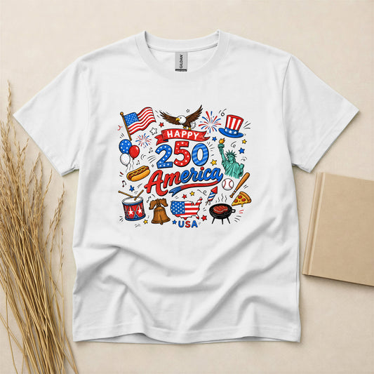 Happy 250 America USA Independence Day Patriotic Celebration Design T-Shirt Lightweight Breathable Cotton Short Sleeve Tee White