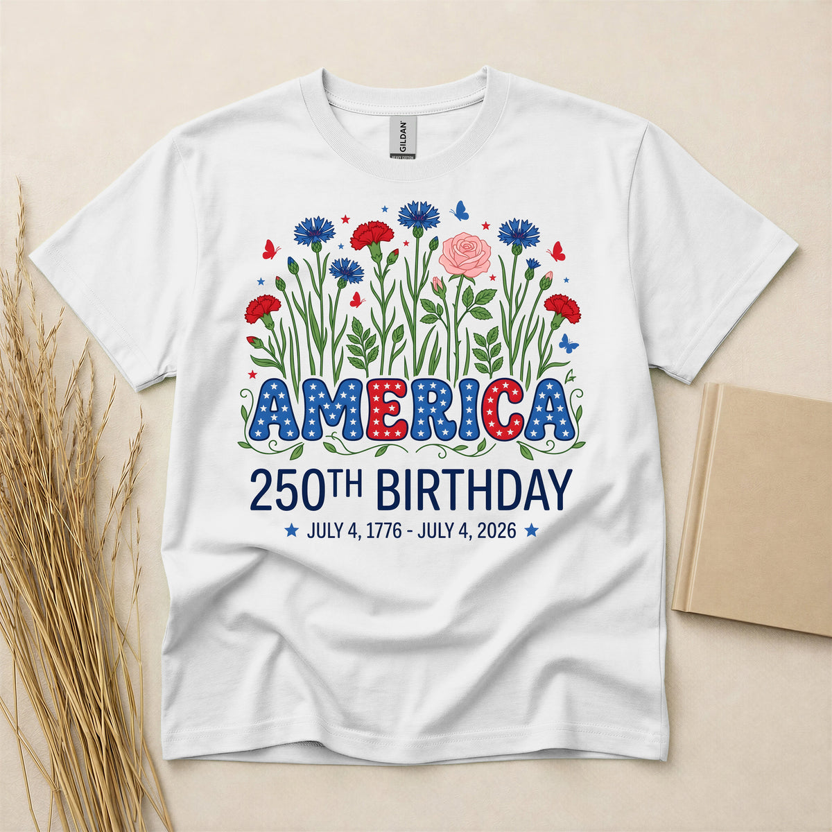 Patriotic Floral America 250 Birthday T-Shirt - US 250th Independence Anniversary Semi-Quincentennial Celebration Graphic Tee