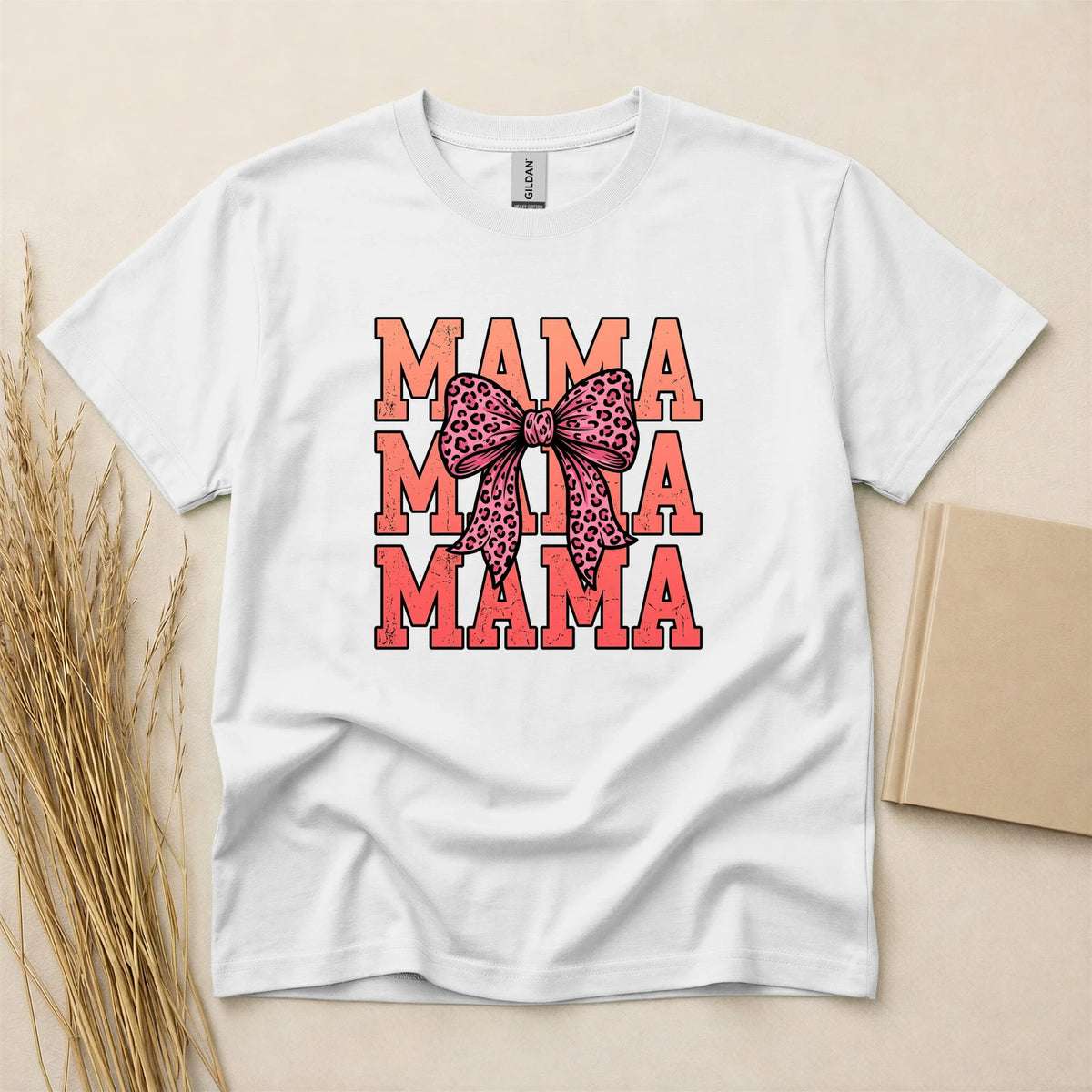 Mama Leopard Bow T-Shirt Soft Lightweight Graphic Basic Tee for Women White Cotton Blend Short Sleeve Mothers Day Gift