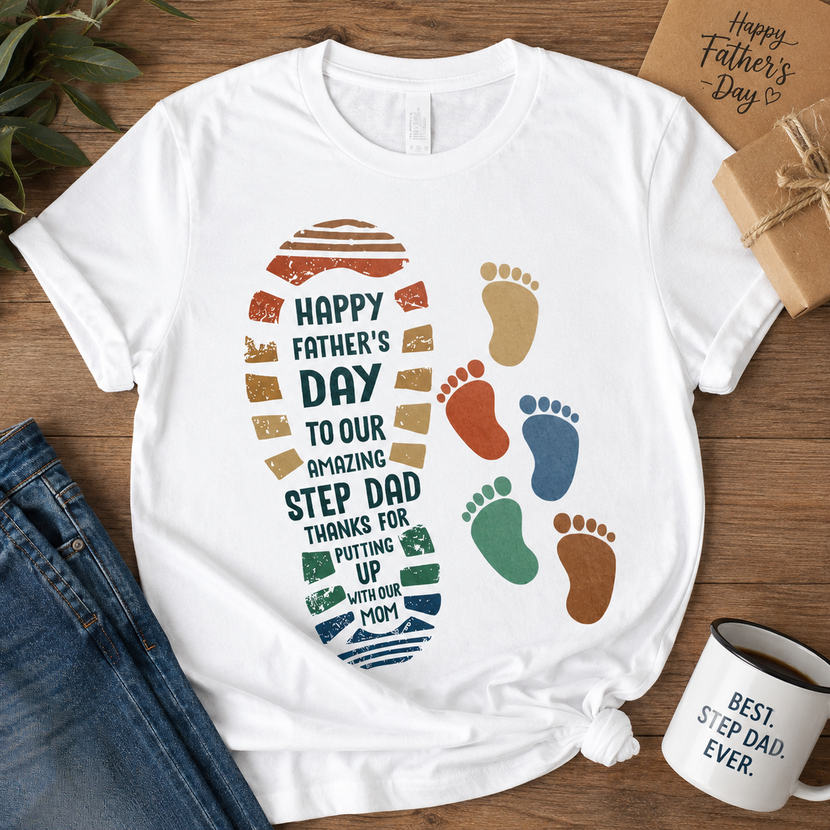 Personalized Step Dad Footprints Father's Day Gift T-Shirt Custom Sleeve Name Basic Tee Soft Cotton Blend Blue