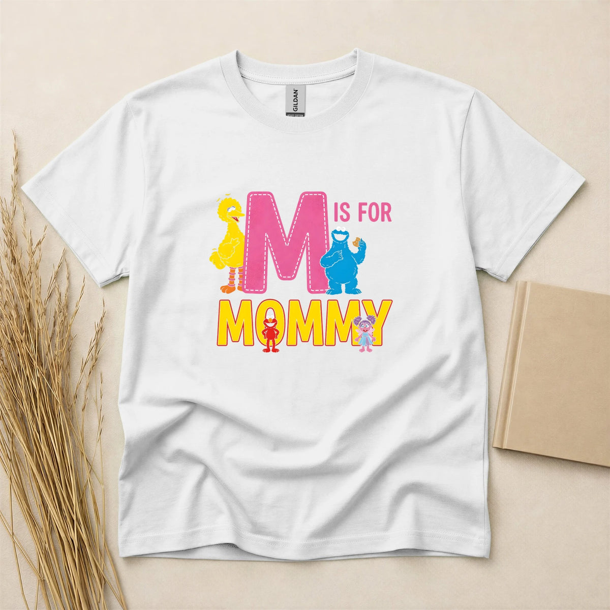 M Is For Mommy Cute Sesame Street Mother's Day T-Shirt White Short Sleeve Graphic Tee for Women and Moms