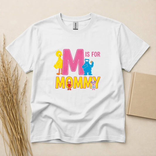 M Is For Mommy Cute Sesame Street Mother's Day T-Shirt White Short Sleeve Graphic Tee for Women and Moms