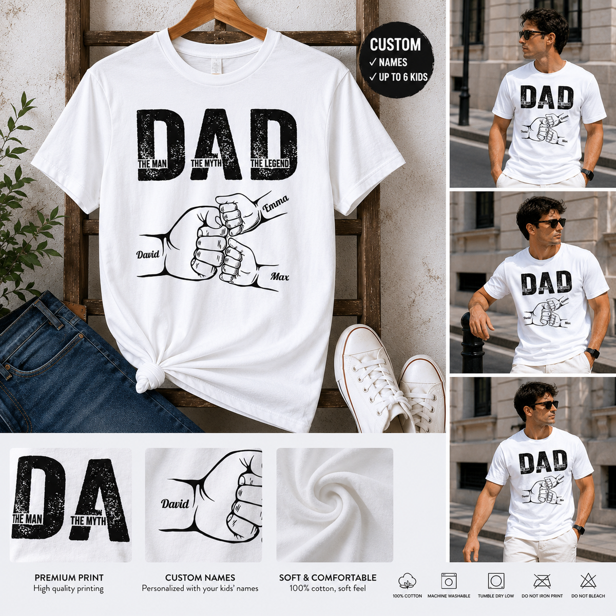 Personalized Dad Fist Bump T-Shirt with Kids Names Custom Father's Day Shirt Navy Short Sleeve Graphic Tee for Men