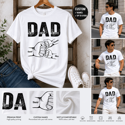 Personalized Dad Fist Bump T-Shirt with Kids Names Custom Father's Day Shirt Navy Short Sleeve Graphic Tee for Men
