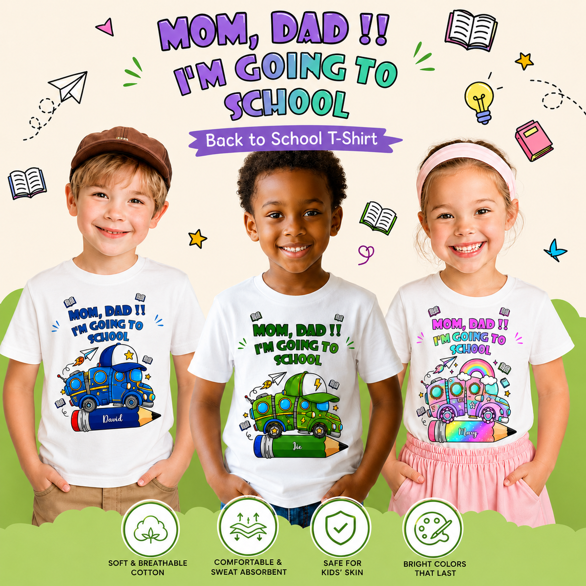 Personalized Back to School T-Shirt for Kids Custom Name Youth Tee Mom Dad I'm Going to School Graphic Short Sleeve Shirt