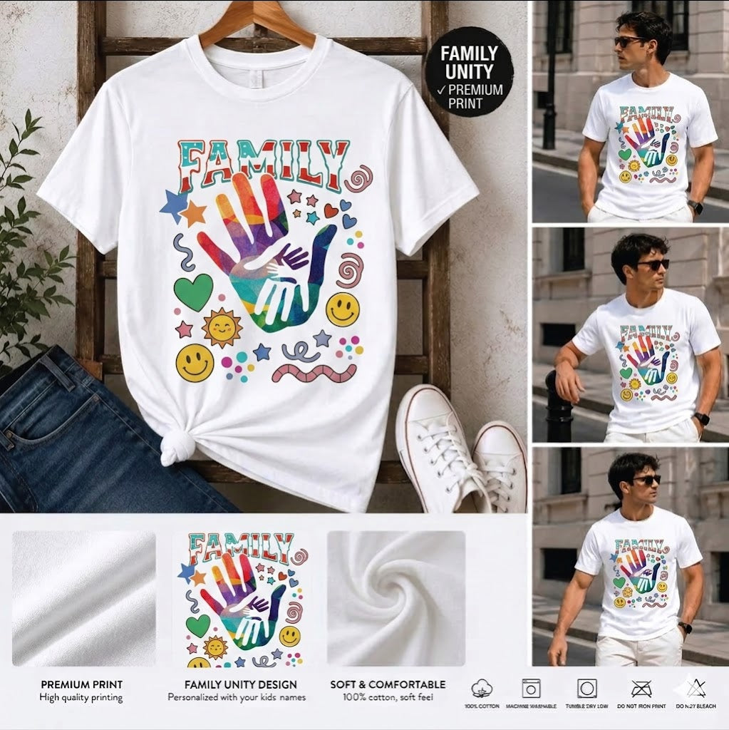 Personalized Family Handprints Tee Custom Names Short Sleeve Crew Neck Lightweight Soft Breathable Cotton Blend Graphic T-Shirt