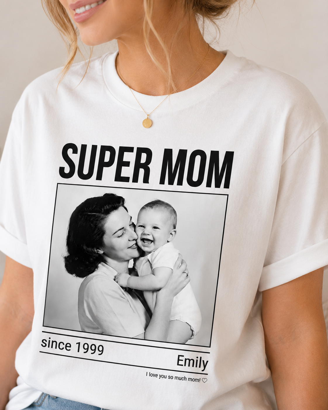 Personalized Super Mom Photo T-Shirt Custom Picture and Name Memory Tee Soft White Cotton Short Sleeve Apparel