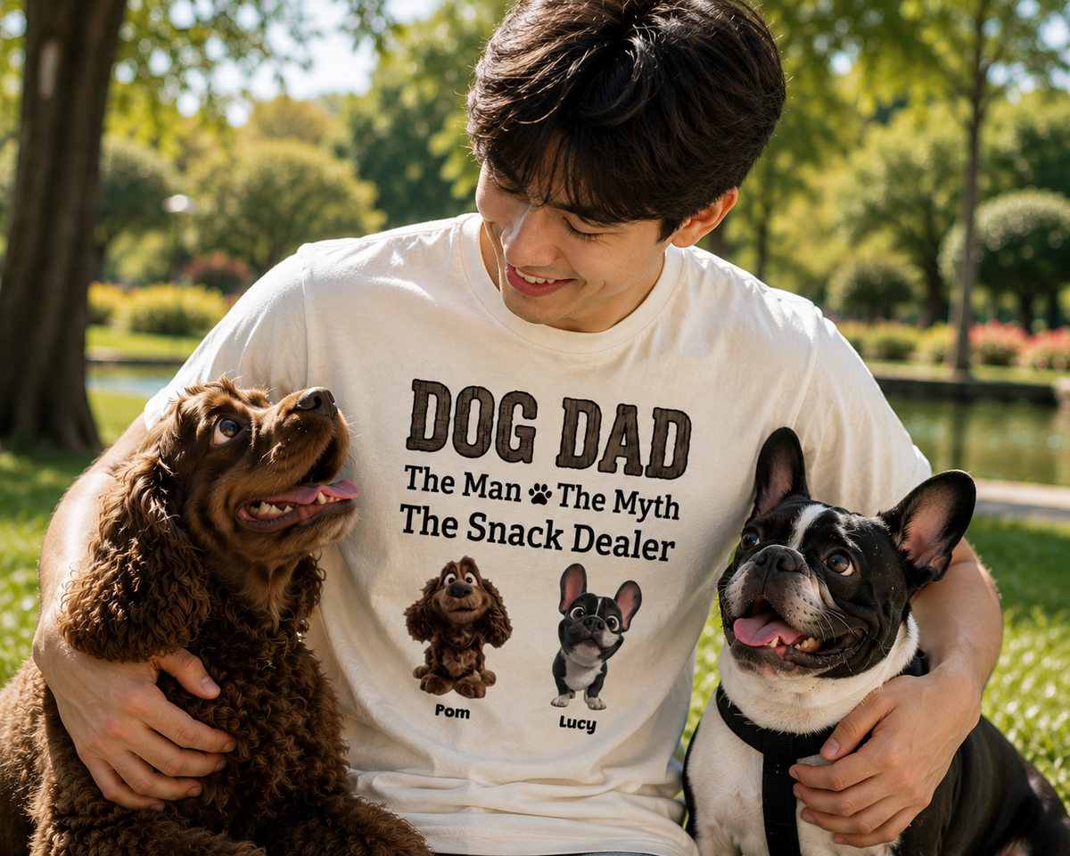 The Man The Myth The Snack Dealer Custom Dog Family T-Shirt Personalized Pet Dad Graphic Tee Soft Breathable Cotton Navy Blue