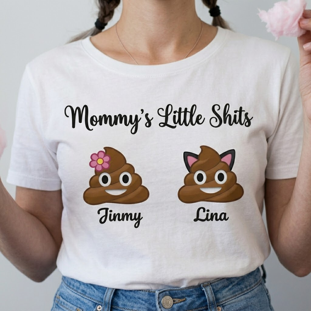 Personalized Mommy's Little Shits T-Shirt Custom Funny Kids Poop Emoji Family Tee White Short Sleeve