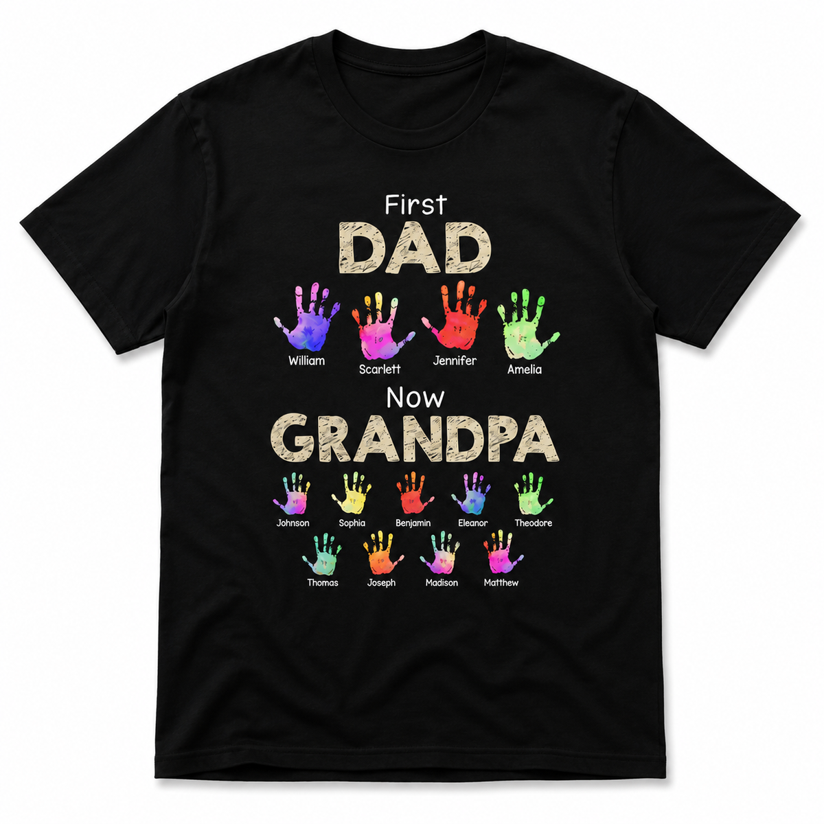 Personalized Grandpa Gift Shirt - Custom Handprint Colors and Number of Kids Names - Custom Father's Day Short Sleeve Basic Tee