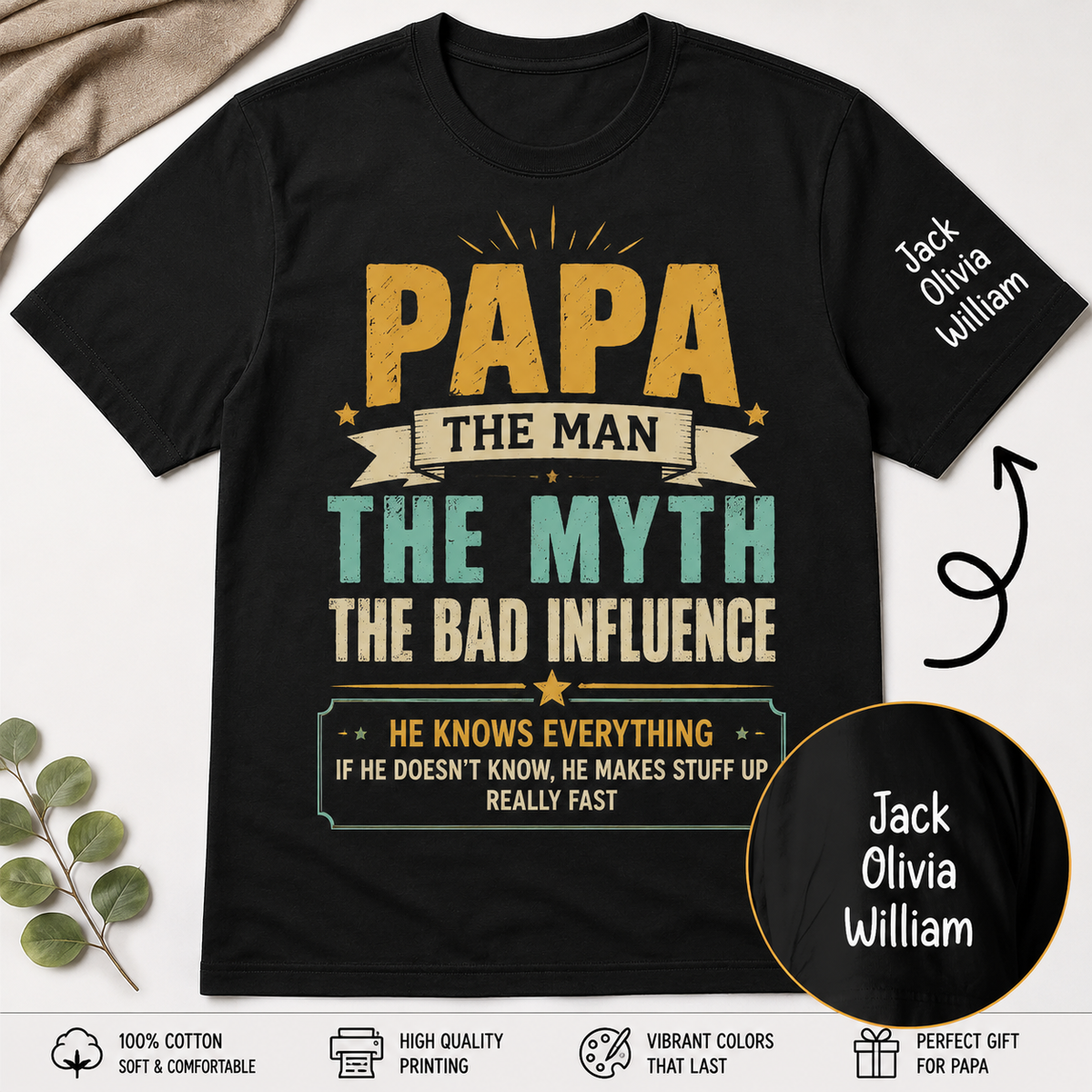 Custom Papa Shirt with Kids Names The Man The Myth The Bad Influence T-Shirt Personalized Father's Day Short Sleeve Crew Neck Tee