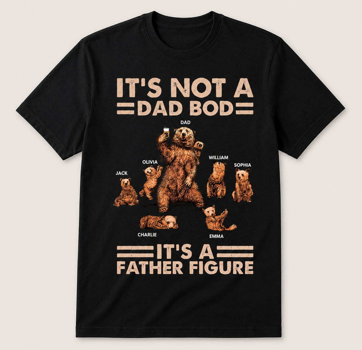 Personalized Father Figure T-Shirt Custom Kids Names Bear Family Dad Bod Father's Day Gift Navy Blue Graphic Tee