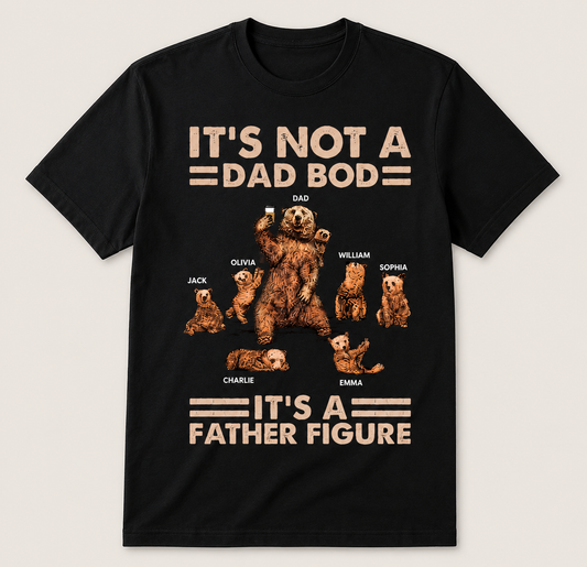 Personalized Father Figure T-Shirt Custom Kids Names Bear Family Dad Bod Father's Day Gift Navy Blue Graphic Tee