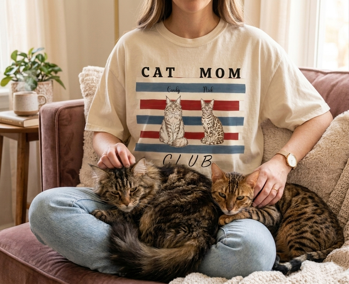 Personalized Cat Mom Club Custom Cat Lover Vintage Striped T-Shirt - Retro Style Graphic Tee for Pet Owners