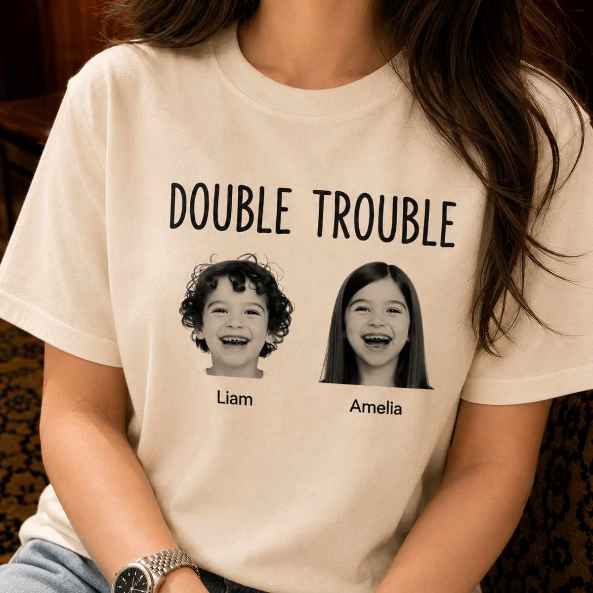 Double Trouble Kids Personalized Photo Shirt - Custom Sibling Names Brother Sister Matching Picture Tee