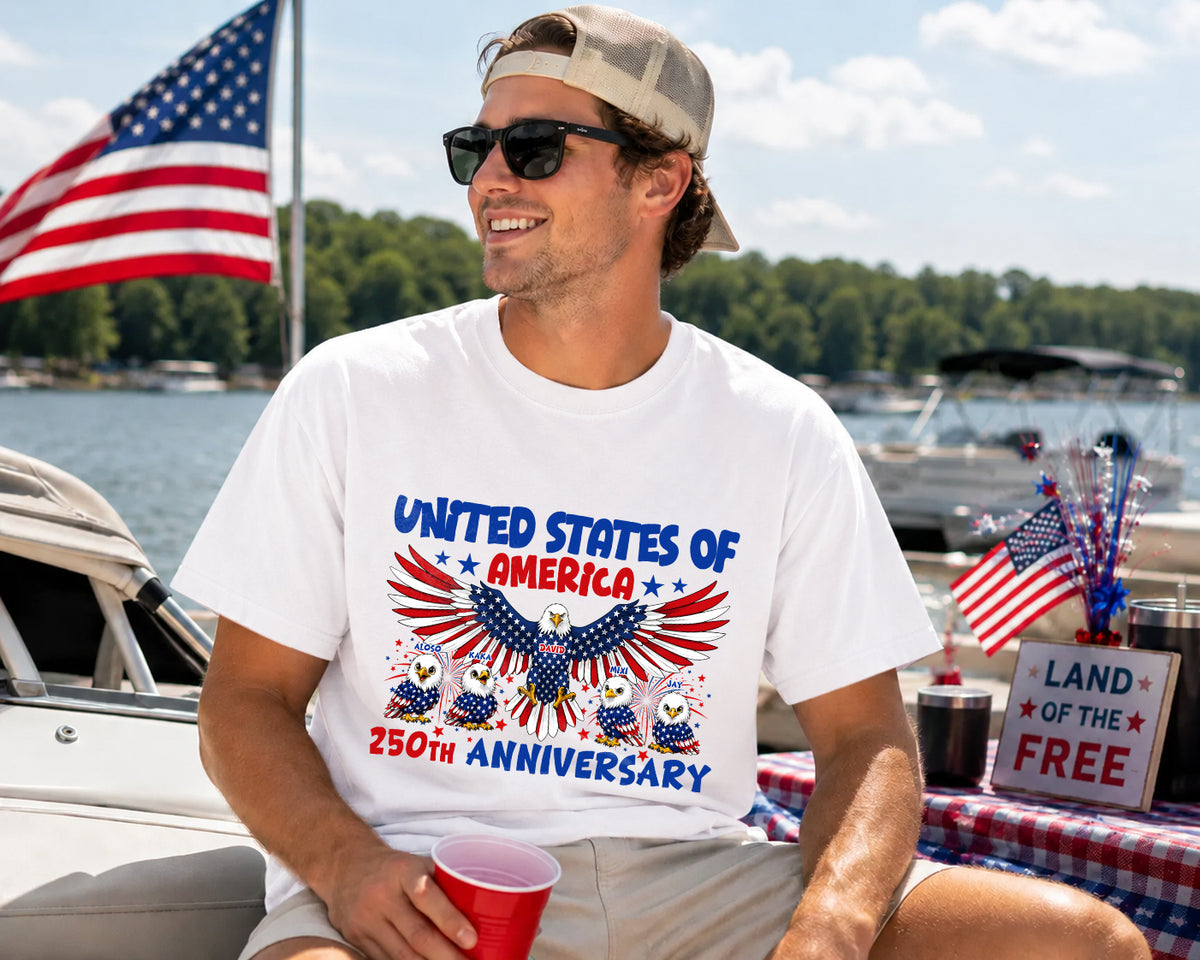 Personalized USA 250th Anniversary Eagle Family Shirt Custom Name Patriotic Bald Eagle America 250 Celebration Independence Day T-Shirt
