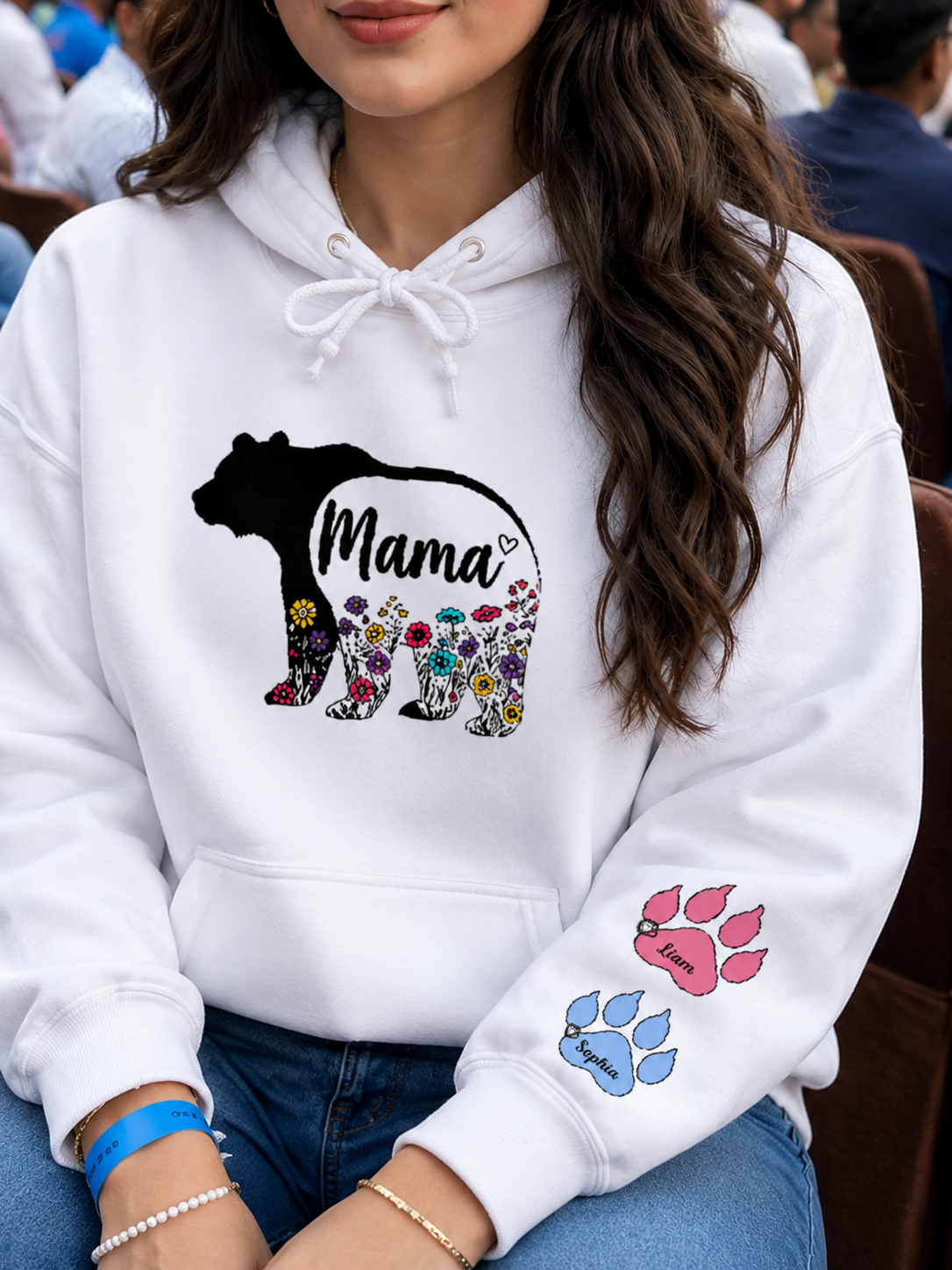 Mama Bear Hoodie Personalized Mom Gift with Kids Names Floral Bear Hoodie for Mother Soft Breathable Long Sleeve Pullover Hooded Sweatshirt