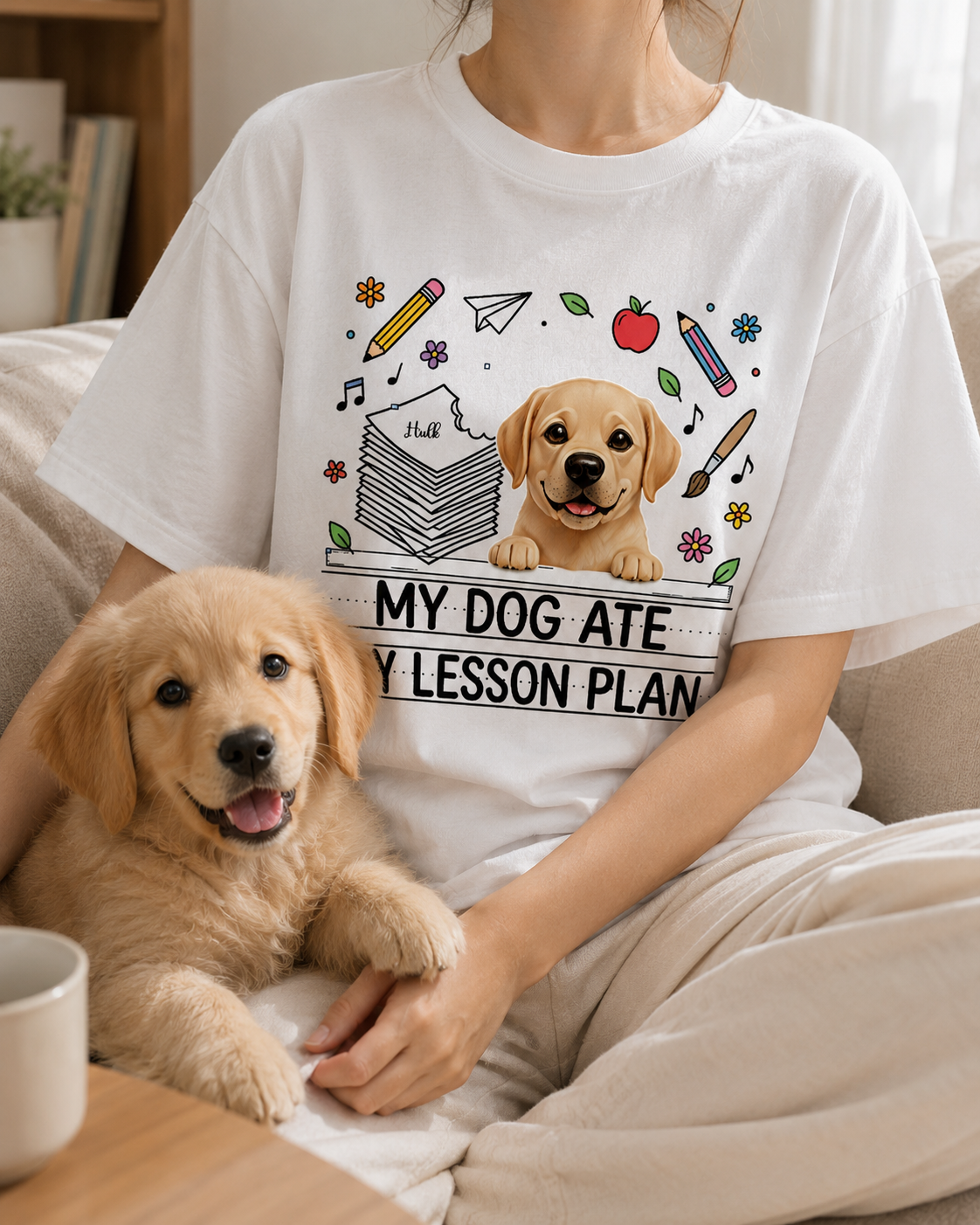 Personalized My Dog Ate My Lesson Plan Custom Teacher Dog Lover T-Shirt Breathable Soft Cotton Blend Graphic Tee for Educators