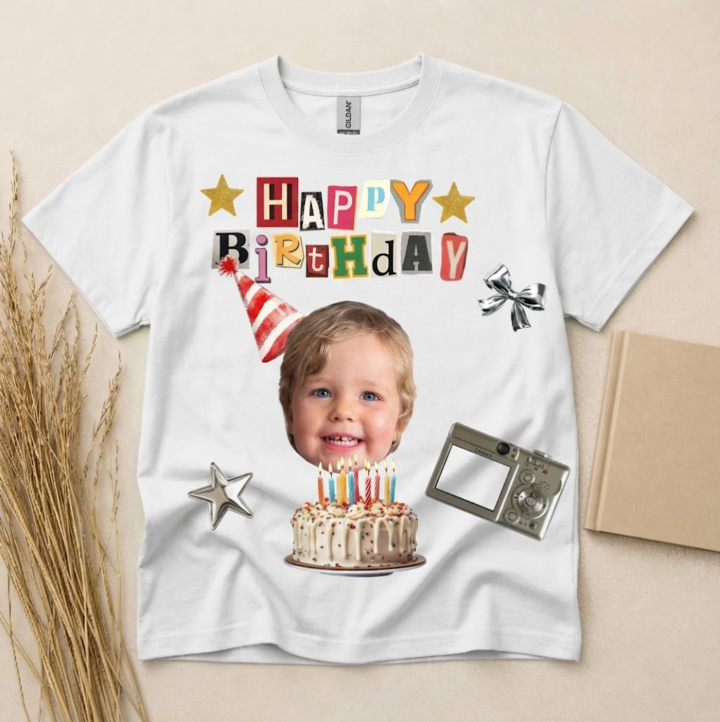 Personalized Happy Birthday Photo T-Shirt Custom Picture Name Birthday Gift Tee Lightweight Breathable Soft Cotton Blend White Short Sleeve