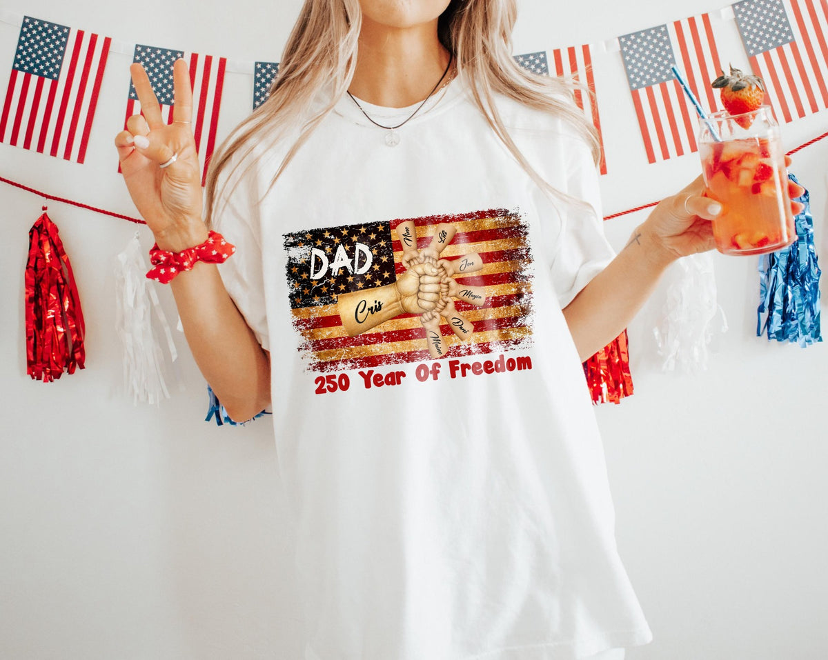Custom Dad and Kids Fist Bump T-Shirt Personalized Family Names Patriotic USA Independence Day Tee