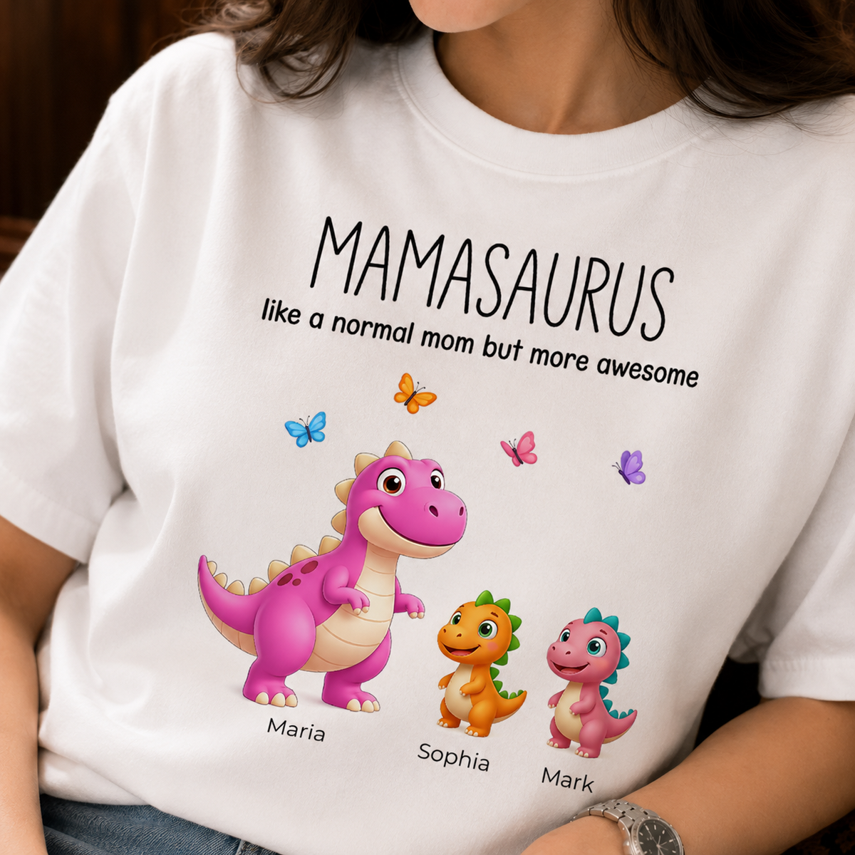 Mamasaurus Shirt for Mom Personalized Dinosaur T-Shirt with Kids Names Custom Mother's Day Gift Short Sleeve Cotton Tee