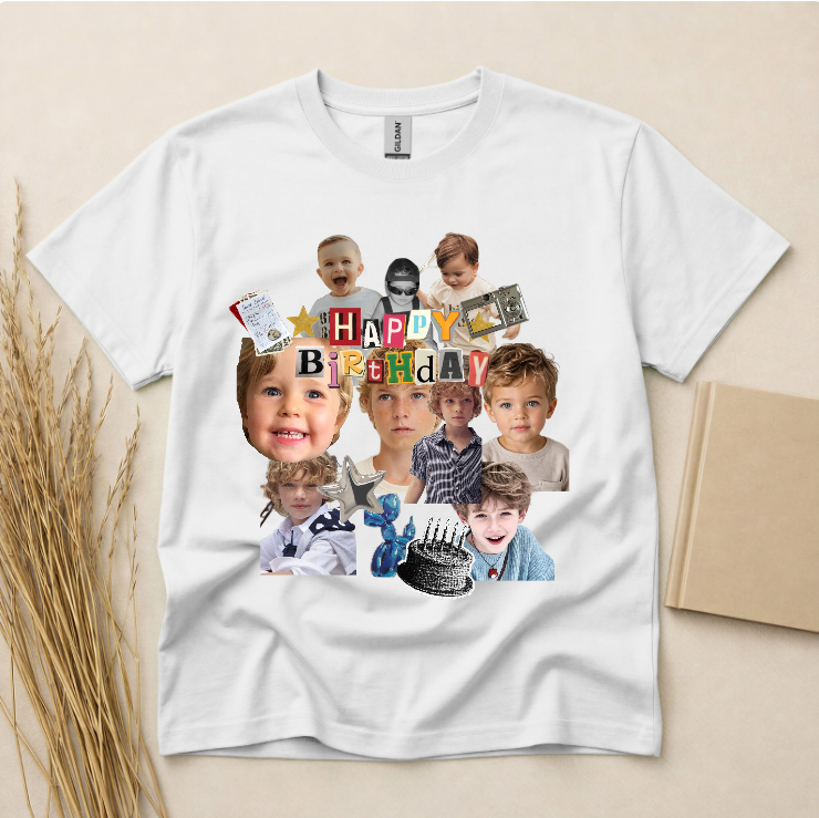 Personalized Happy Birthday Photo Collage T-Shirt - Custom Image Birthday Gift Tee - Soft Breathable Cotton Blend Shirt