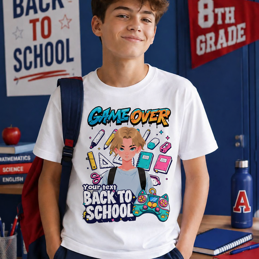 Game Over Back to School Personalized T-Shirt for Students, Custom Gamer Name Graphic Youth Basic Tee, Breathable Cotton Black Shirt