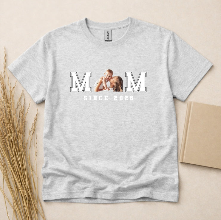 Personalized Mom Since 2026 Photo Custom T-Shirt, Breathable Cotton Short Sleeve Tee, Custom Motherhood Gift, White