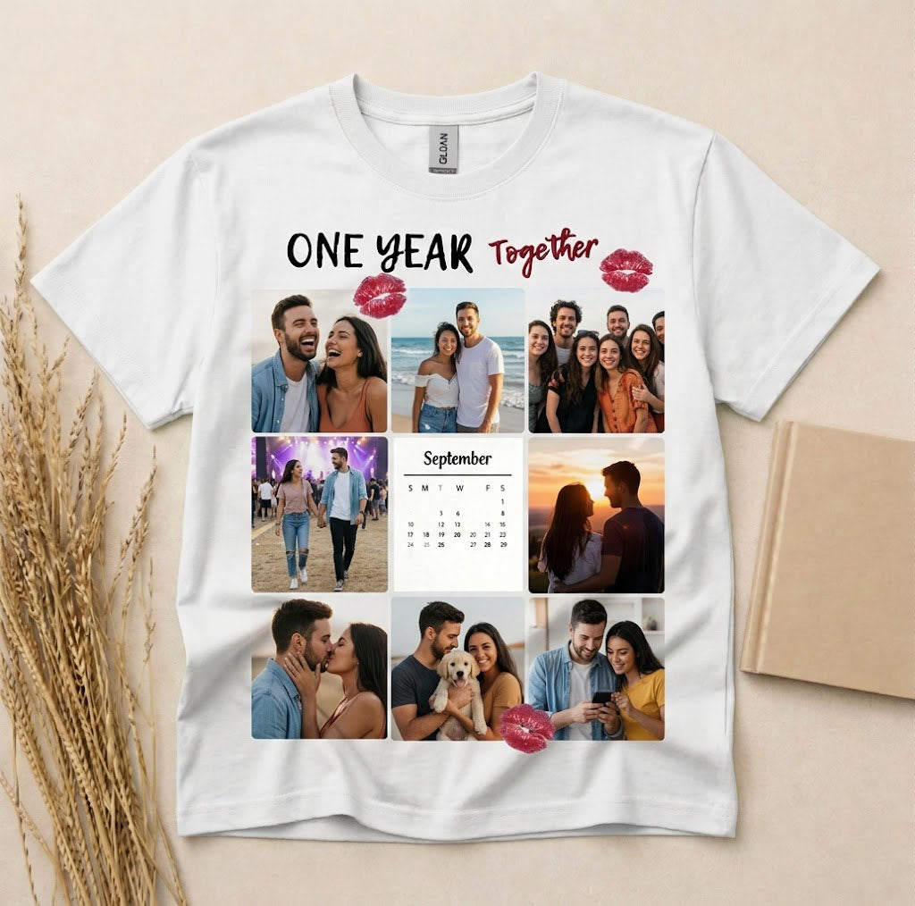 Personalized One Year Together Anniversary T-Shirt Custom Names and Date White Short Sleeve Cotton Tee