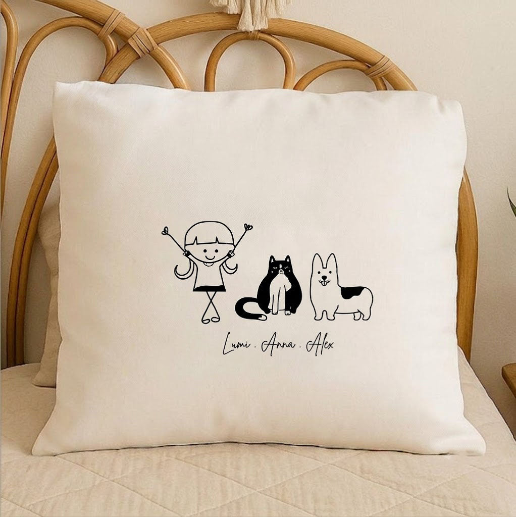 Personalized Family Doodle Pet Illustration Pillow Custom Hand-Drawn Style Portrait Cushion Decorative Home Gift Soft Square Throw Pillow
