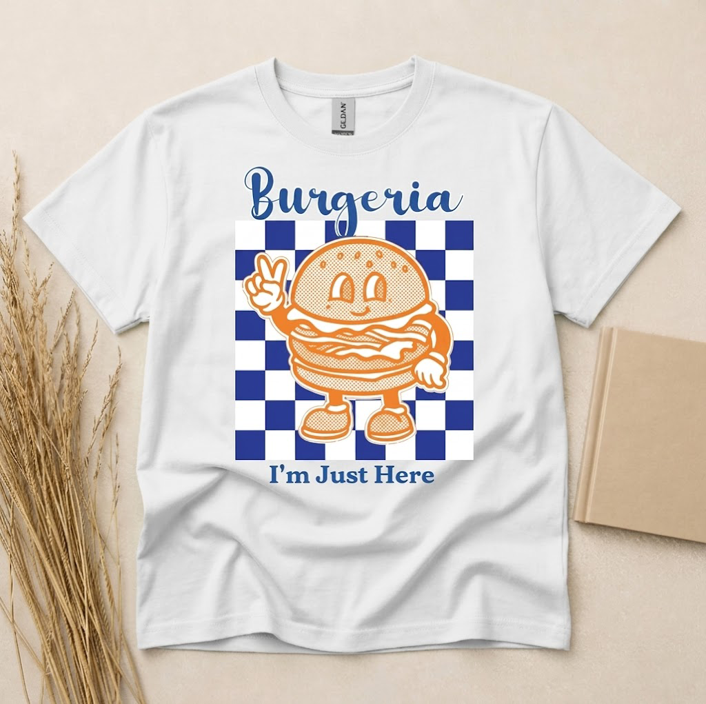 Personalized Custom Burgeria Graphic T-Shirt, Short Sleeve Crew Neck Cotton Blend Tee, Customizable Name Print Burger Restaurant Theme