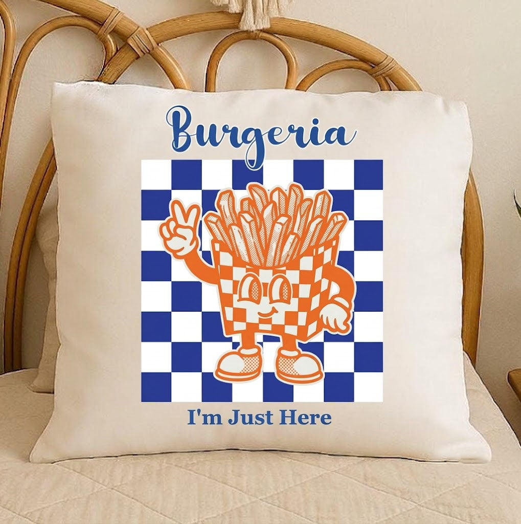 Personalized Custom Burgeria Fries Art Pillow, Customizable Food Illustration Decorative Cushion, Soft Square Novelty Throw Pillow