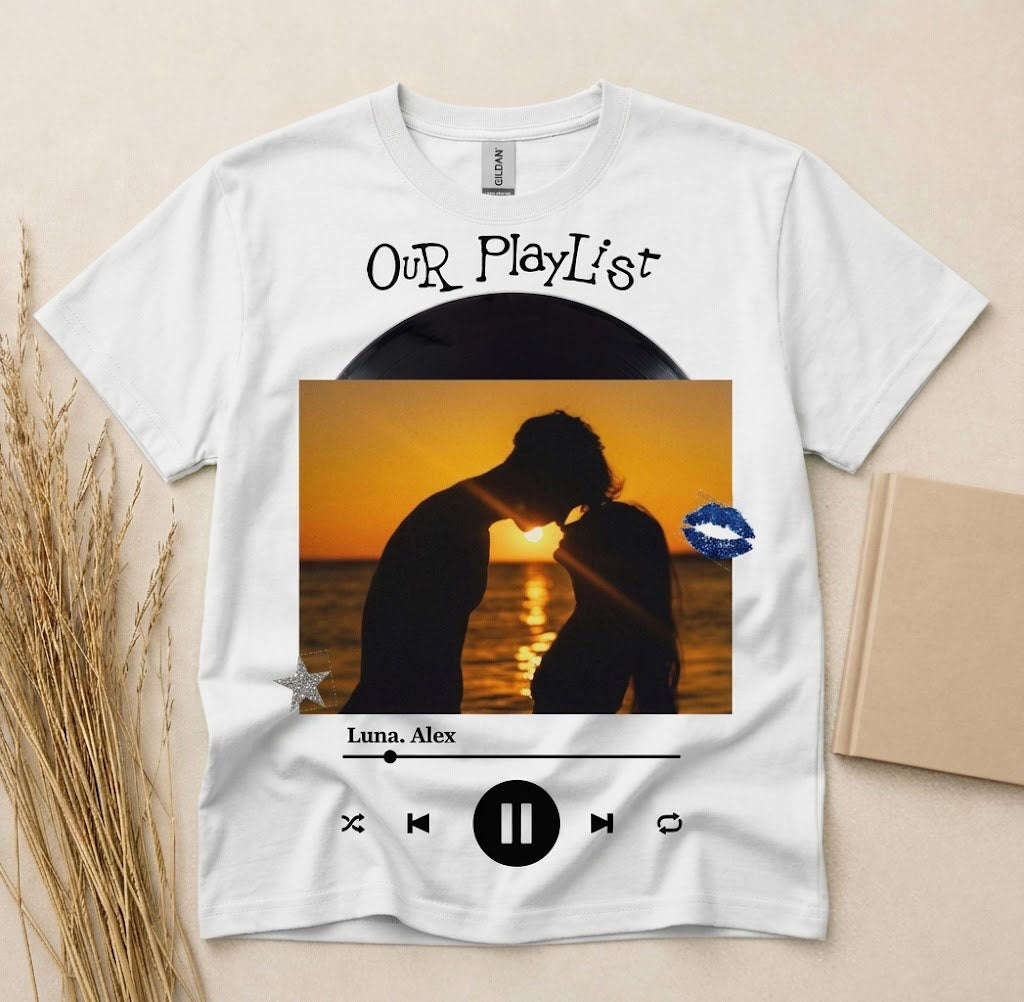 Personalized Our Playlist Vinyl Photo T-Shirt - Custom Music Graphic Tee with Personal Picture and Song List Names