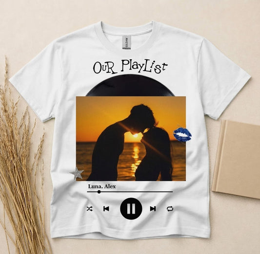 Personalized Our Playlist Vinyl Photo T-Shirt - Custom Music Graphic Tee with Personal Picture and Song List Names