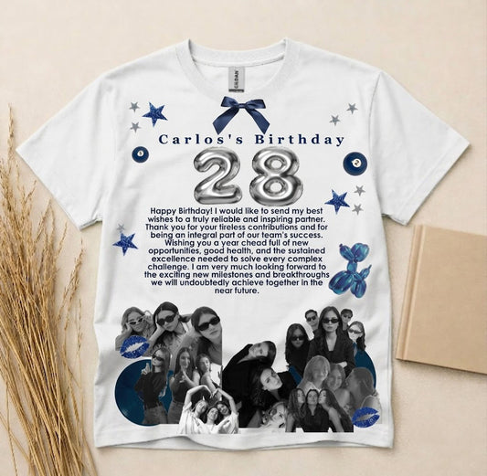 Personalized Birthday Tribute Team Photo T-Shirt Custom Picture Crew Neck Short Sleeve Cotton Basic Tee for Group Events