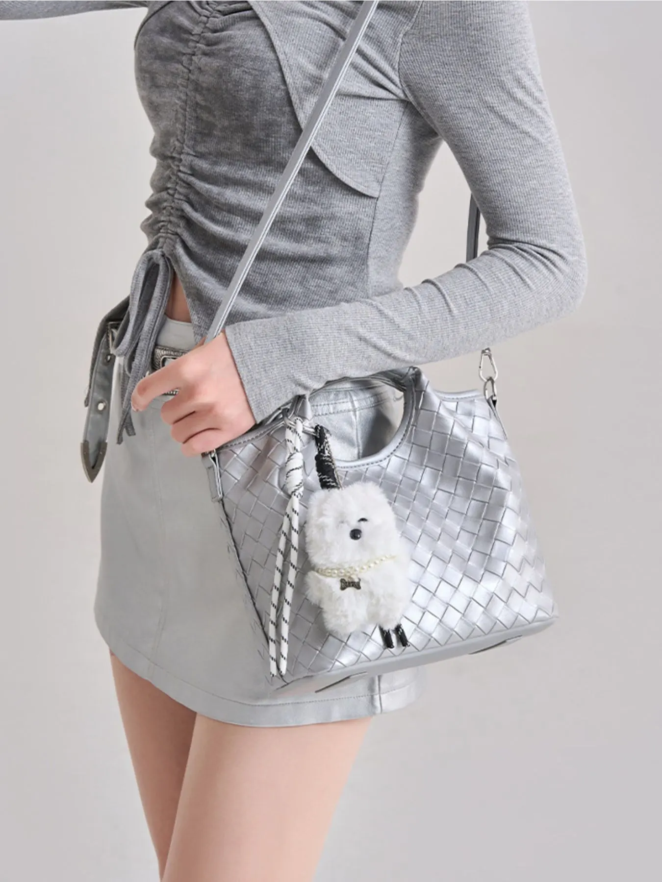 Metallic Woven Shoulder Bag with Cute Plush Bear Charm