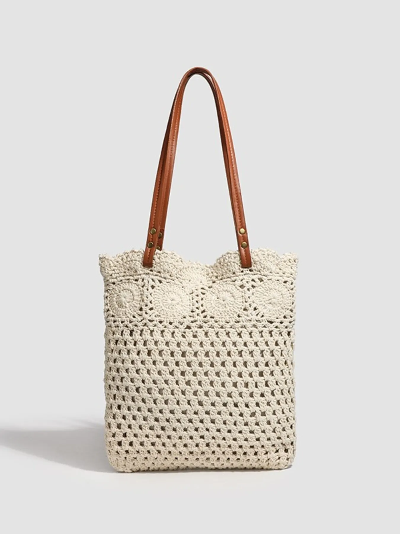 Bohemian Crochet Knit Tote Handbag with Leather Handles