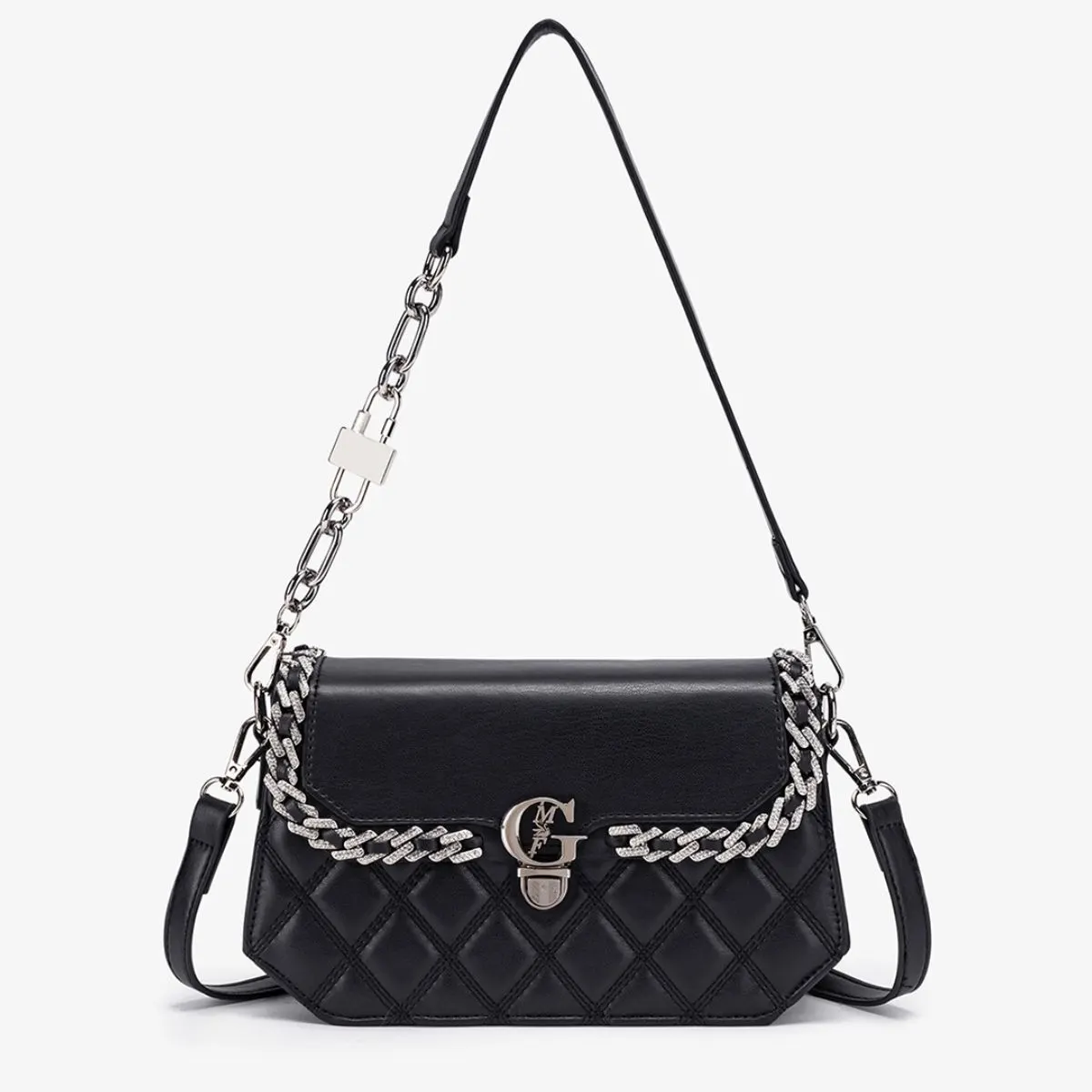 Quilted PU Leather Crossbody Bag with Rhinestone Decor