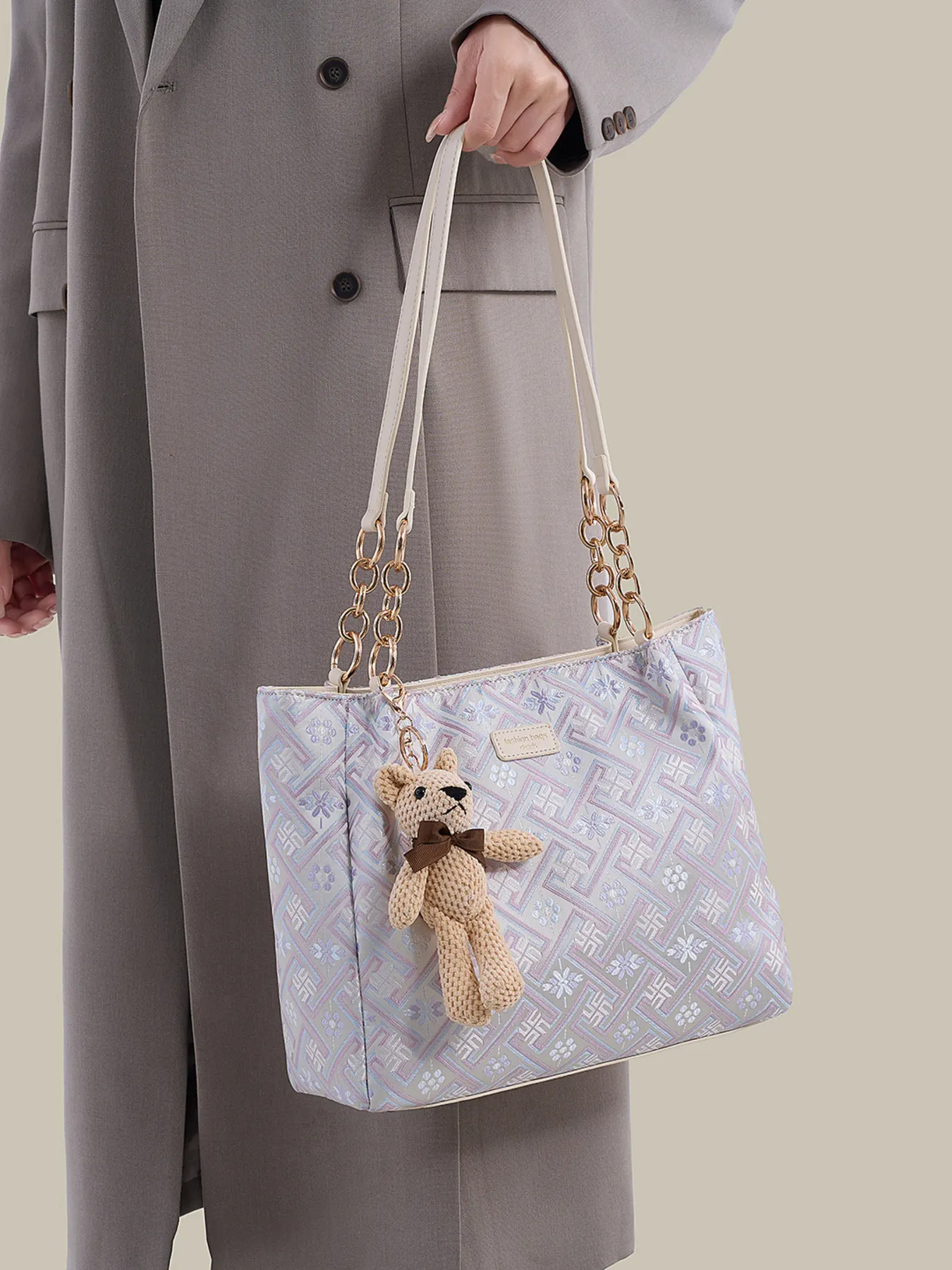Geometric Pattern Jacquard Shoulder Bag with Detachable Teddy Bear Charm