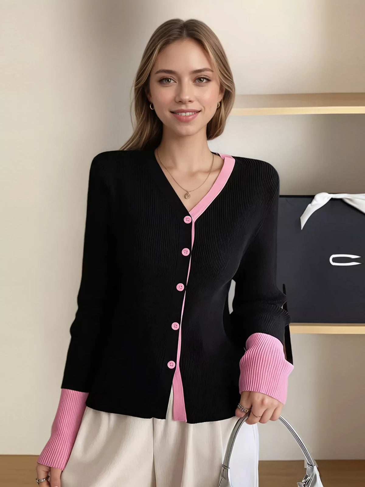 Contrast Trim Ribbed Knit Cardigan Model 6255